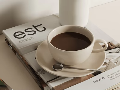 Minimalist Decorative Ornament Set With Coffee Cup Magazine Spoon And White Mug 3d model