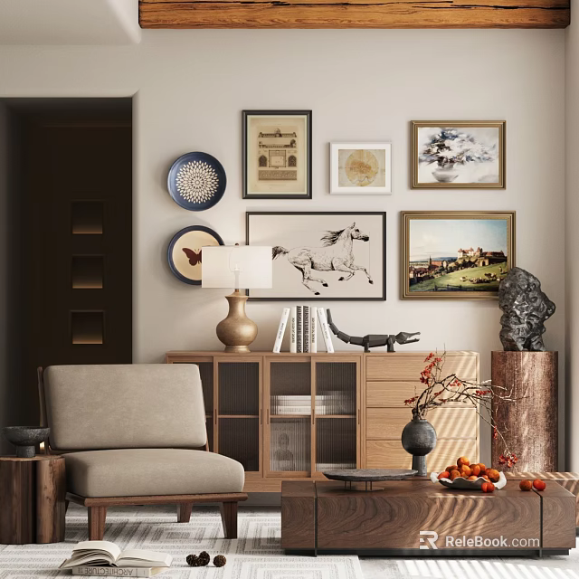 Stylish Wooden Dresser in Living Room with Framed Wall Art Table Lamp Books and Sculpture 3d model 