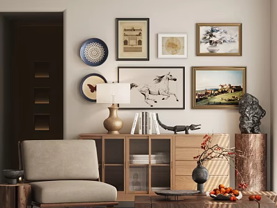 Stylish Wooden Dresser in Living Room with Framed Wall Art Table Lamp Books and Sculpture 3d model