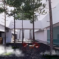 Modern Courtyard Garden With Tall Trees Red Chairs Gravel Ground And Gentle Mist