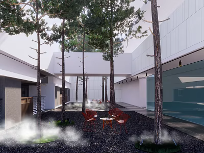 Modern Courtyard Garden With Tall Trees Red Chairs Gravel Ground And Gentle Mist 3d model