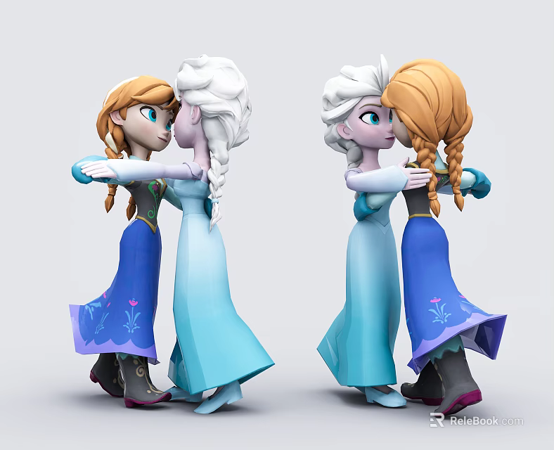 Two Elsa and Anna Princess Dolls Hugging Each Other In Blue Dresses With Braided Hair 3d model 