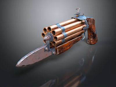 Vintage Multi Barrel Firearm With Brass Barrels Wooden Grip And Front Blade Design 3d model