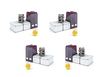 Decorative Ornament Set With Vintage Camera Dark Books Patterned Box And Colorful Ball 3d model