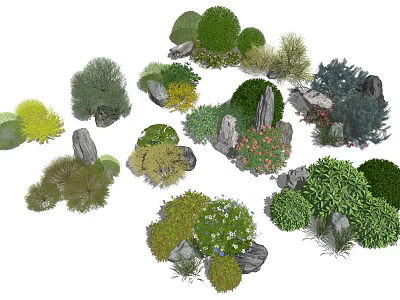 Various Types Of Decorative Garden Shrubs With Stones And Green Foliage 3d model