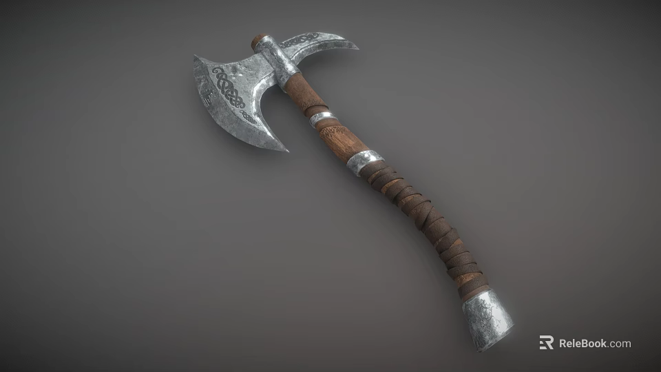 Vintage Handcrafted Axe with Carved Metal Head Wooden Handle and Leather Wrap 3d model 