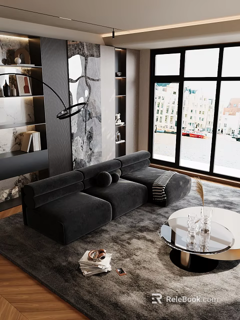 Decorative Ornaments Set In Modern Living Room With Black Sofa Round Coffee Table And Window View 3d model 