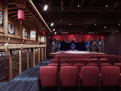 Chinese Style Theater Interior Featuring Red Seats Stage Wooden Carvings And Brick Walls 3d model