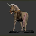 White Unicorn Model With Pink Tail Yellow Bridle And Brown Saddle On Blue Base