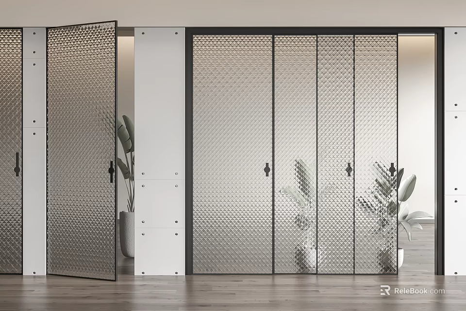 Modern Perforated Room Dividers With Metal Frame In Stylish Interior Space With Plants 3d model 