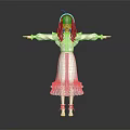 3D Humanoid Character With Purple Hair White Frilled Lace Dress Arms Outstretched On Dark Background