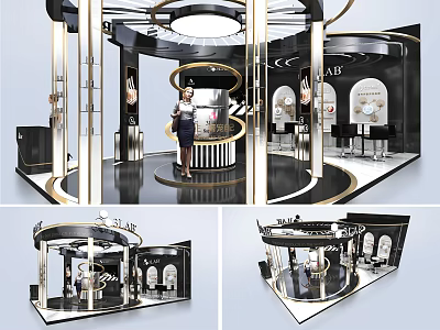 Modern Exhibition Booth Design With Black Gold Curved Structure And Display Cabinets 3d model