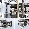 Modern Exhibition Booth Design With Black Gold Curved Structure And Display Cabinets