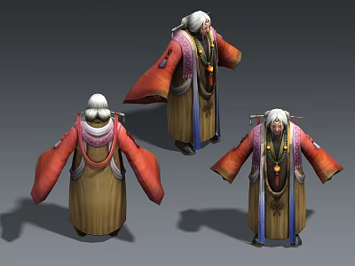 Elderly Man With White Hair In Traditional Red And Yellow Robe Three Different Angles View 3d model