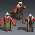 Elderly Man With White Hair In Traditional Red And Yellow Robe Three Different Angles View