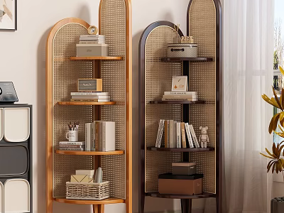 Wicker Rattan Room Divider with Arched Design and Multi Layer Shelves for Books Decor Items 3d model