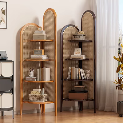 Wicker Rattan Room Divider with Arched Design and Multi Layer Shelves for Books Decor Items 3d model