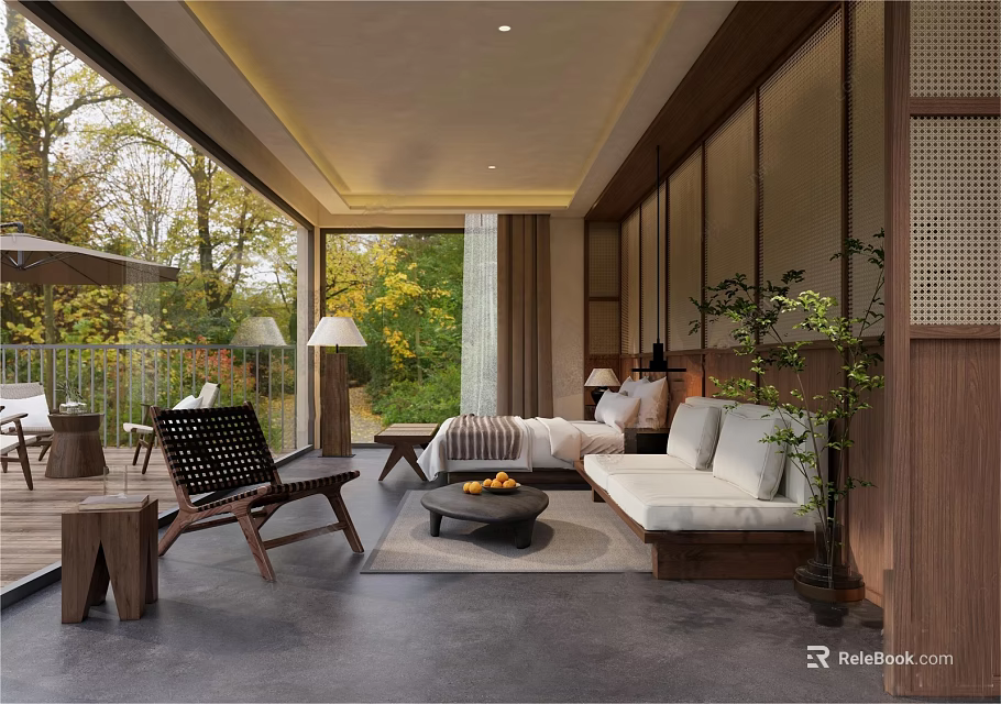 Modern Hotel Room Featuring Floor to Ceiling Windows Wooden Furniture and Natural Scenic View 3d model 
