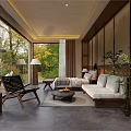 Modern Hotel Room Featuring Floor to Ceiling Windows Wooden Furniture and Natural Scenic View