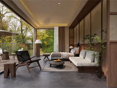 Modern Hotel Room Featuring Floor to Ceiling Windows Wooden Furniture and Natural Scenic View 3d model