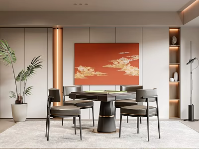 Elegant Hotel Mahjong Room With Red Decorative Painting Leather Chairs Wooden Table And Potted Plant 3d model