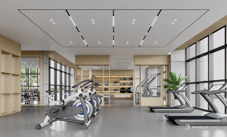 Modern Fitness Gym Interior With Spin Bikes Treadmills And Natural Light 3d model 