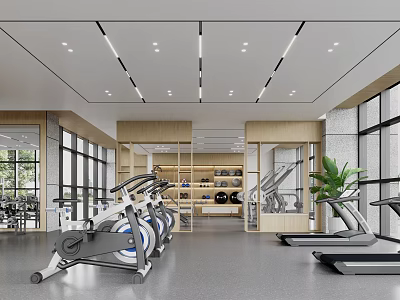 Modern Fitness Gym Interior With Spin Bikes Treadmills And Natural Light 3d model