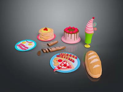 Assorted Delicious Foods Including Pancakes Cake Ice Cream Bacon Pizza And Bread 3d model