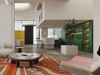 Modern Open Dining and Living Room with Colorful Rug Sofa and Green Cabinetry 3d model