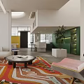 Modern Open Dining and Living Room with Colorful Rug Sofa and Green Cabinetry