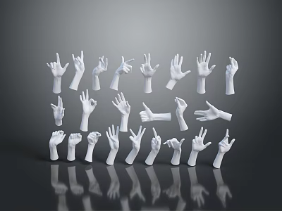 White Hand Gesture Models in Various Poses Arranged with Reflections on Dark Background 3d model