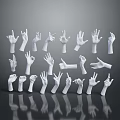White Hand Gesture Models in Various Poses Arranged with Reflections on Dark Background 3d model