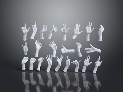 White Hand Gesture Models in Various Poses Arranged with Reflections on Dark Background 3d model