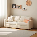 Beige Two Seater Sofa With White Cushions And Orange Pillow Near Curtains On Wooden Floor