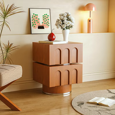 Wooden Bedside Table With Arched Drawers White Vase Flowers Red Apple And Book 3d model