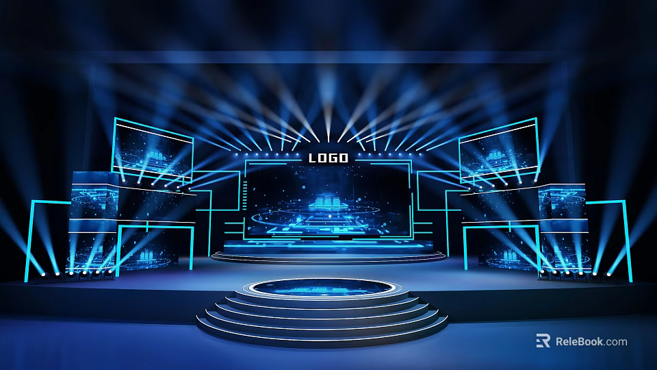 Commercial Stage Equipment Featuring Blue Lighting Multiple LED Screens And LOGO Display Stages 3d model 