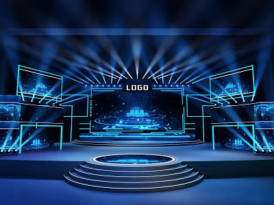 Commercial Stage Equipment Featuring Blue Lighting Multiple LED Screens And LOGO Display Stages 3d model