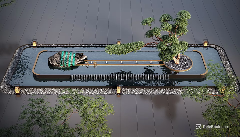 Serene Water Fountain Design With Flowing Water Black Stone And Green Trees 3d model 