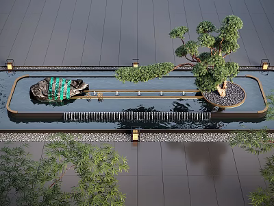 Serene Water Fountain Design With Flowing Water Black Stone And Green Trees 3d model