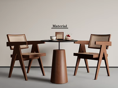 Modern Round Table And Chairs Set With Wooden Frame Rattan Back And Cup Dessert Plate 3d model