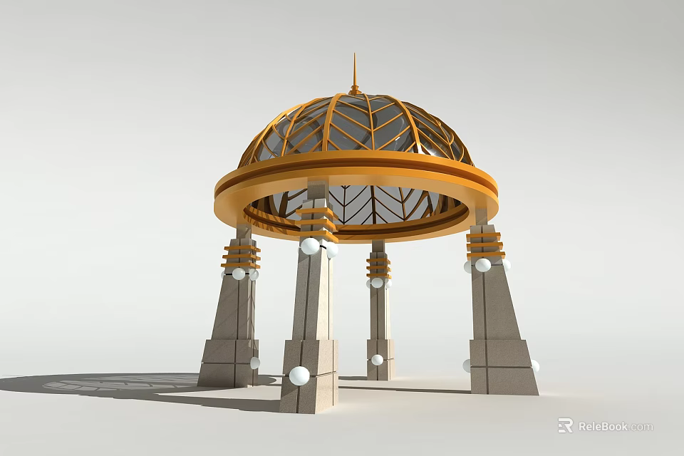 Ornate Pavilion Structure With Golden Dome Geometric Patterns And Stone Pillars Decorative Spheres 3d model 