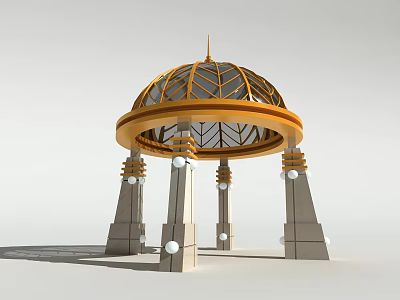 Ornate Pavilion Structure With Golden Dome Geometric Patterns And Stone Pillars Decorative Spheres 3d model
