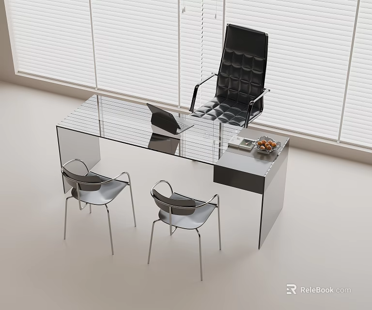 Modern Glass Desk With Black Office Chair Two Silver Side Chairs Laptop Fruit Bowl 3d model 