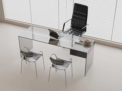 Glass Desk Modern Desk Leather Office Chair Metal Single Chair Laptop Fruit Tray Books 3d model