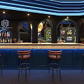 Vintage Bar Interior With Blue Counter Red Sofas Green Brick Walls And Chandeliers
