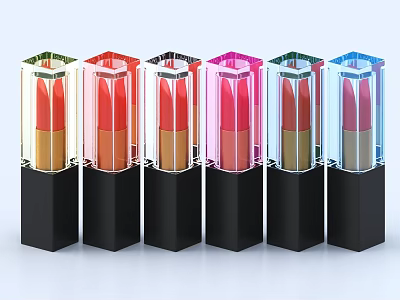 Neatly Arranged Colorful Lipstick Cosmetics With Transparent Square Cases And Black Bases 3d model