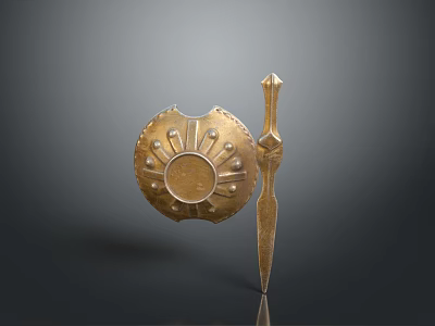Ancient Bronze Shield And Dagger Featuring Sun Pattern And Sharp Blade 3d model