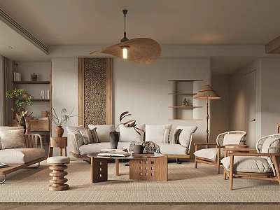 Japanese Living Room With Rattan Pendant Light Beige Sofa Wooden Coffee Table And Woven Rug 3d model