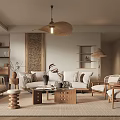 Japanese Living Room With Rattan Pendant Light Beige Sofa Wooden Coffee Table And Woven Rug