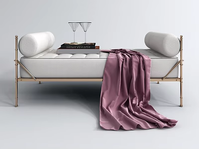 Elegant Daybed with White Cushion Gold Metal Frame Purple Blanket Books and Wine Glasses 3d model